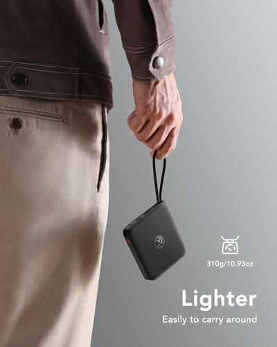 VRURC Power Bank Negro 20000mAh Carga Rápida USB C, Cables Integrados, Pantalla LED iPhone 15, Samsung Galaxy S23 Androi