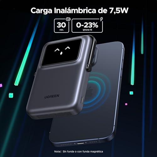 UGREEN Pro Power Bank Magnético 10000mAh 7.5W Inalámbrico, PD 20W USB C, Pantalla y Soporte para iPhone 17 Pro MAX, Negr