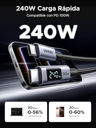  UGREEN Cable USB C PD|1 240W para Macbook Air y iPhone 17 Pro Max
| UGREEN Cable USB C PD|1 240W con Pantalla LED y Car