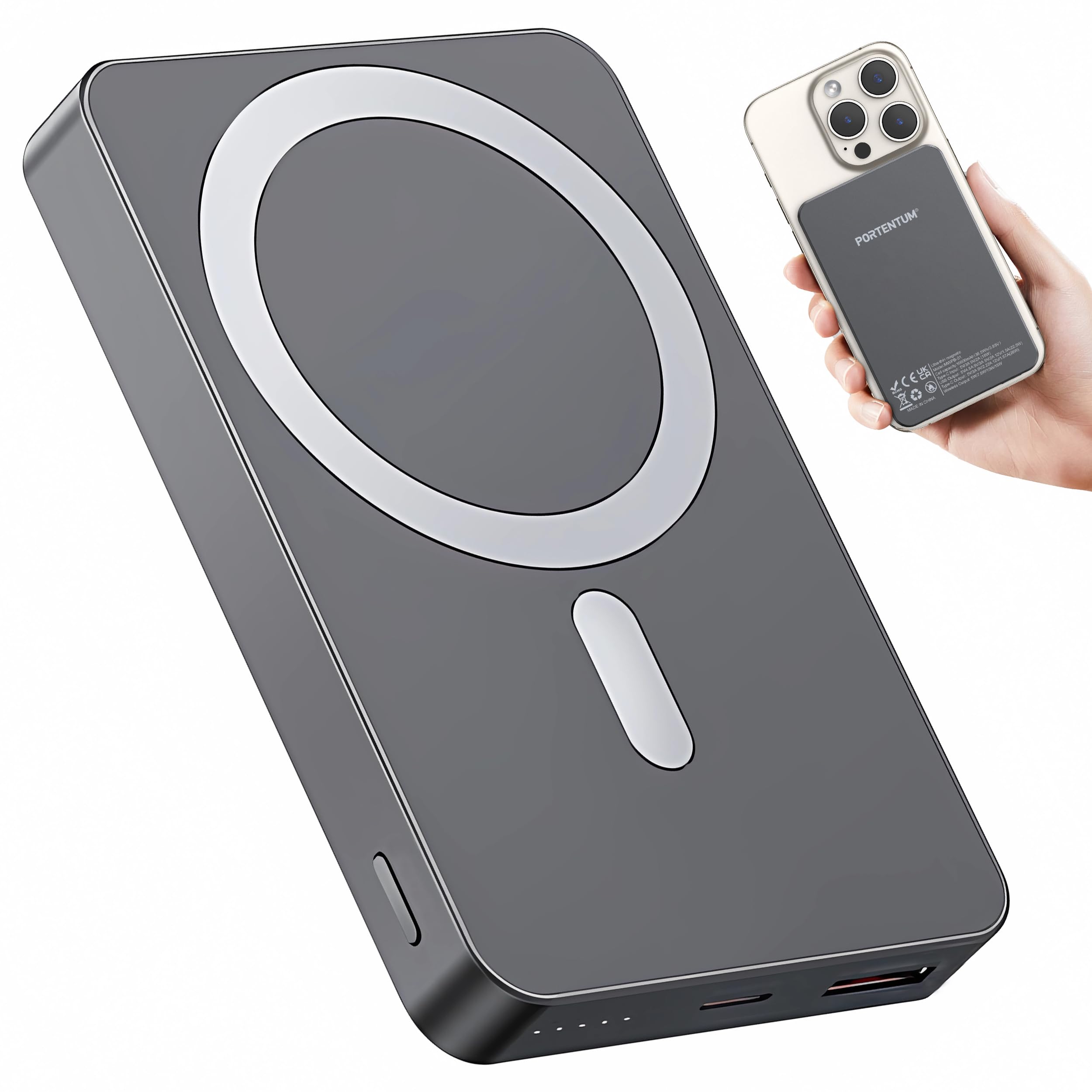 PORTENTUM Power Bank MagSafe 10000 mAh – Carga rápida 22,5 W – Cargador portátil PD y QC – Bateria Externa Inalámbrica Q