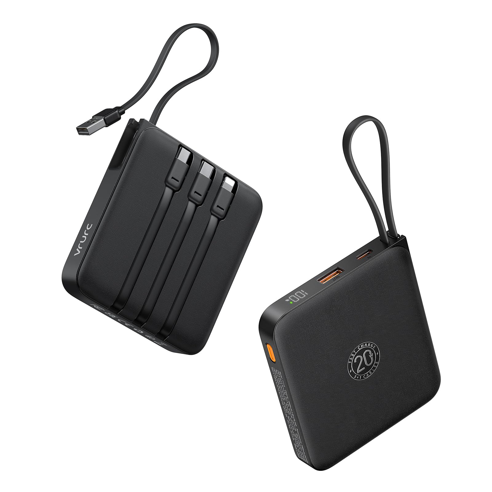 VRURC Power Bank Negro 20000mAh Carga Rápida USB C, Cables Integrados, Pantalla LED iPhone 15, Samsung Galaxy S23 Androi